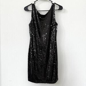 KIMCINE Sequin Mini Dress Black‎ Draped Scoop Neck Racerback Glam Size M